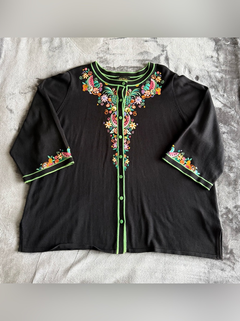 Bob Mackie Black Cardigan Floral Tropical Fruit Embroidered 2X Artsy Whimsical